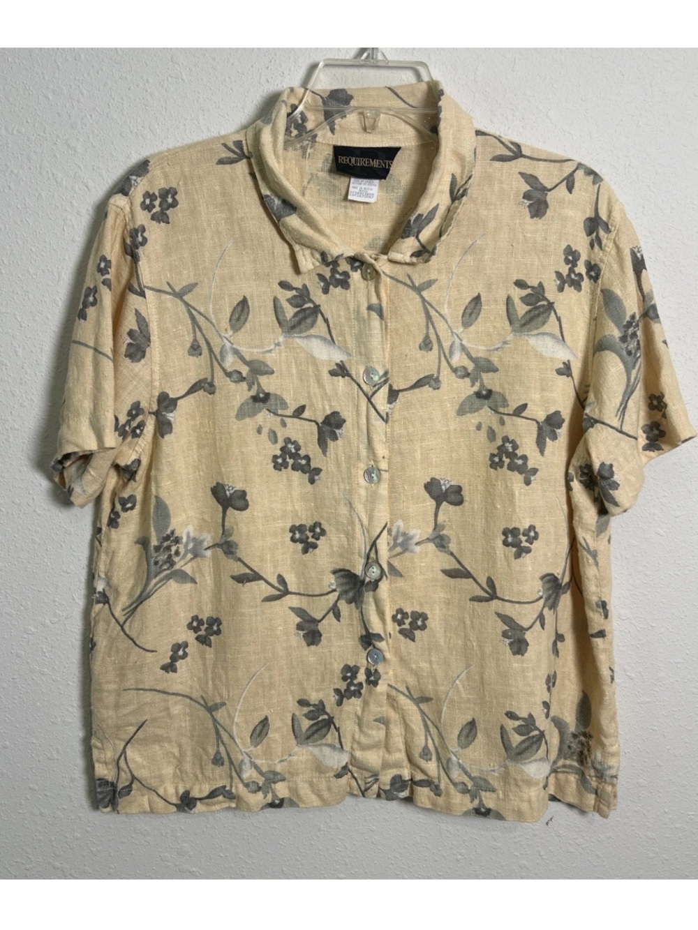 VTG Requirements Woman’s Med Linen Beige Floral Button Up Shirt Boho Cottagecore